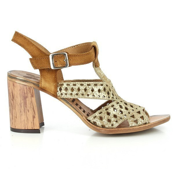 A clean and elegant profile of the Felmini A087 Gold & Tan Sandals, showcasing the golden upper straps with a cross-style design and die-cut detailing, and the tan ankle strap with a silver buckle.