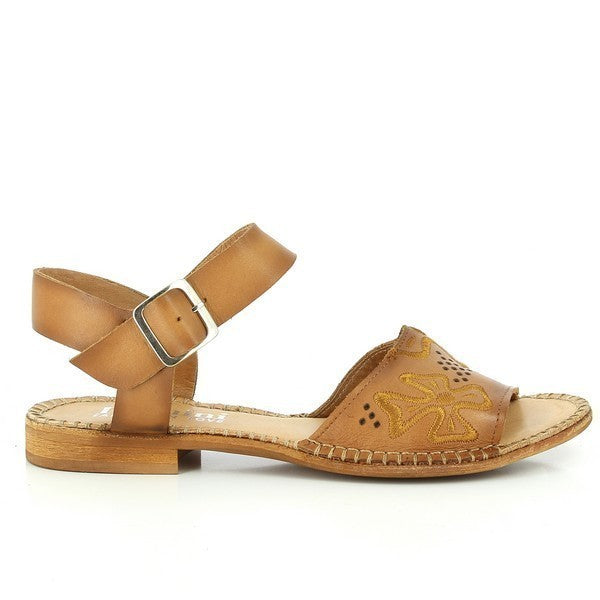 A detailed side profile of the Felmini A143 Tan Sandals, showcasing the smooth leather upper with intricate die-cut designs, the adjustable slingback strap, and the sleek 1cm platform sole.