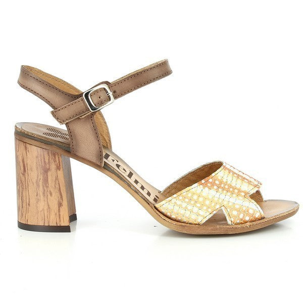 A profile shot of the Felmini A197 Gold & Tan Sandals, highlighting the sleek, metallic gold upper paired with the tan leather ankle strap. The rounded toe and elegant design are clearly visible.