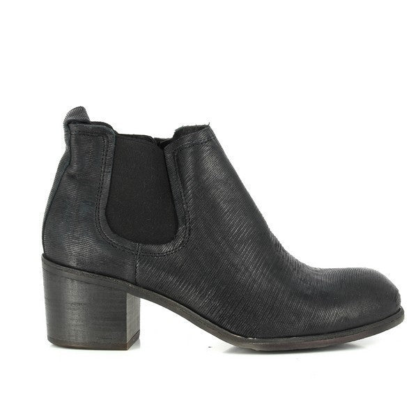 A clean and sophisticated side profile of the Felmini A456 Black Ankle Boots, showcasing the sleek black leather upper and subtle stitching details. The round toe design and elastic side inserts offer both style and comfort.