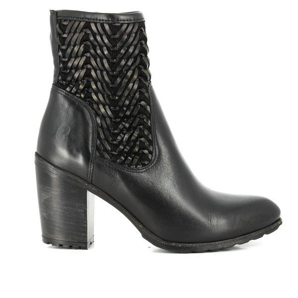 A sleek profile of the Felmini A597 Black Bootie showcasing its premium black leather upper, smooth texture, and 8cm heel platform for added height and elegance.