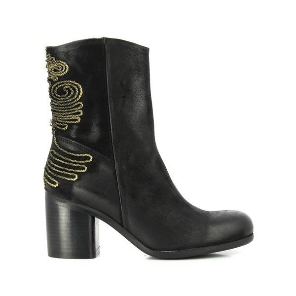 A sleek profile of the Felmini A639 Black Ankle Boots showcasing the smooth leather upper, rounded toe, and clean lines, with the 7cm heel adding a touch of elevation.