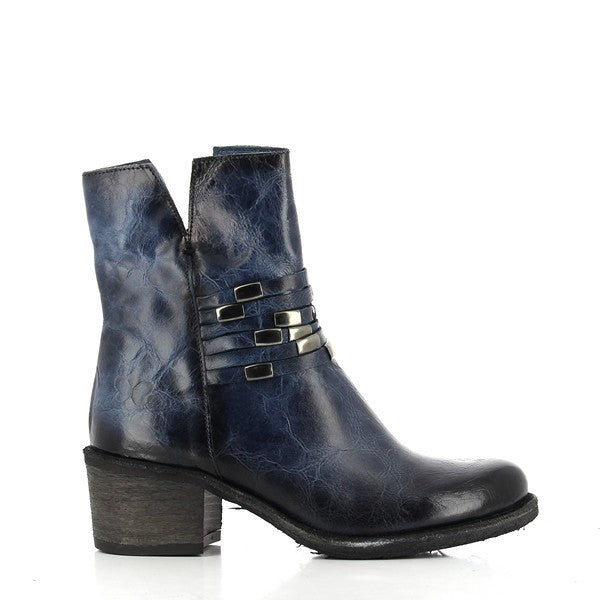 A detailed shot of the Felmini B284 Ink Blue Ankle Boot from the side, highlighting the smooth leather upper, decorative square studs, and the sturdy 5cm heel. The round toe and clean zipper line add elegance to the design.