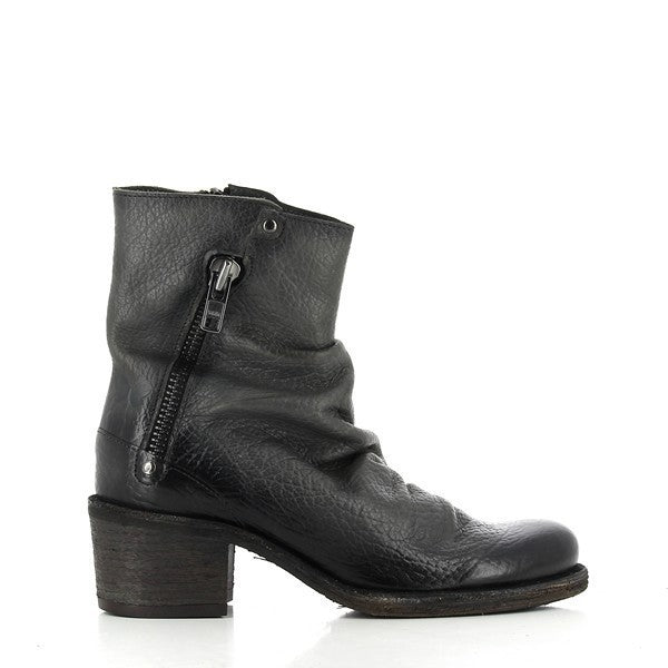 A clean side profile of the Felmini B287 Charcoal Black Ankle Boot, showcasing its sleek leather upper, round toe, and subtle 5cm heel. The external zipper adds a touch of modern edge.