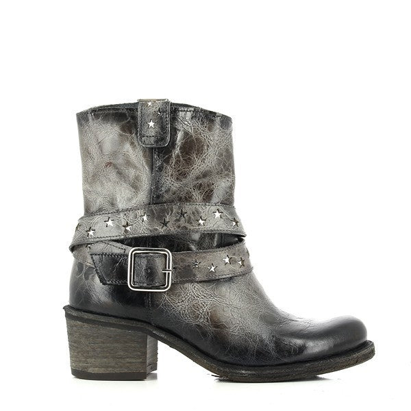 A profile shot of the Felmini B366 Taupe Ankle Boot showcasing the smooth taupe leather upper, the decorative star-patterned strap with a buckle, and the 5cm block heel.