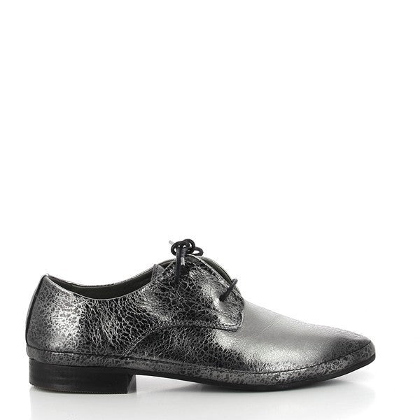 A close-up view of the Felmini B678 Silver Lace-Up Shoe, showcasing its sleek leather upper and rounded toe shape. The clean, minimalistic design highlights the high-quality craftsmanship and timeless appeal.