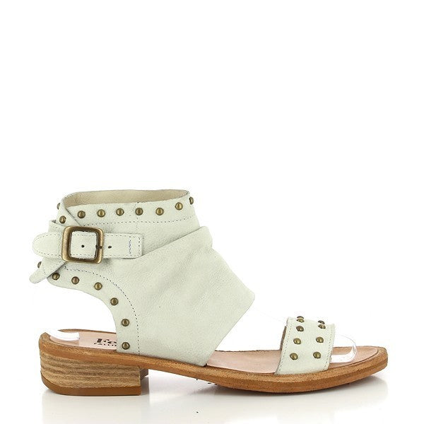 A clear shot of the side of the Felmini B696 Off White Sandals showcasing the wide ankle strap with a golden buckle, multiple straps across the foot, and the elegant 3cm heel-platform height.