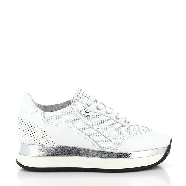 A clean and minimalist side profile of the Felmini B759 White Sneakers, showcasing its sleek, smooth leather upper and the subtle 3cm heel-platform for added lift.