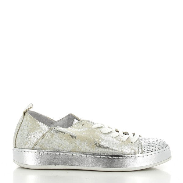 A close-up view of the Felmini B768 Grey Sneaker, showcasing its sleek and smooth leather upper. The round toe and minimalist design create a clean, modern aesthetic, perfect for versatile styling.