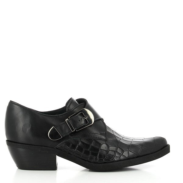 A clean and detailed shot showcasing the full profile of the Felmini B916 Black Bootie. The smooth leather upper, pointy toe, and strap with a buckle detail are highlighted, with the 4cm heel adding a subtle lift to its silhouette.