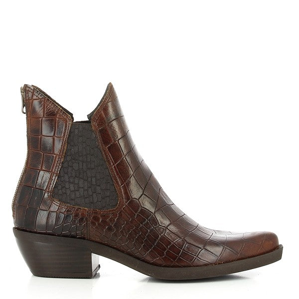 A close-up shot showcasing the sleek, smooth leather upper of the Felmini B917 Brown Ankle Boots. The boot features a pointy toe and a 5cm heel, highlighting its sophisticated and elegant silhouette.