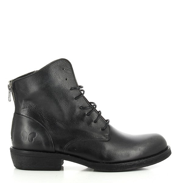 A clean profile view of the Felmini C096 Black Lace-Up Boots, showcasing the smooth black leather upper, sturdy round toe shape, and the classic lace-up design that runs along the front.