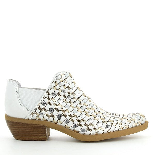 A clean and elegant profile of the Felmini C236 White Booties, showcasing the smooth white leather upper with delicate silver and gold details. The elastic side bands are subtly integrated, enhancing both style and functionality.