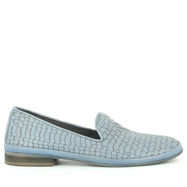 A detailed side profile of the Felmini C246 Light Blue Loafer showcasing its smooth, premium leather upper in a soft light blue hue. The clean, round toe shape and sleek stitching emphasize the shoe’s elegant and minimalistic design.