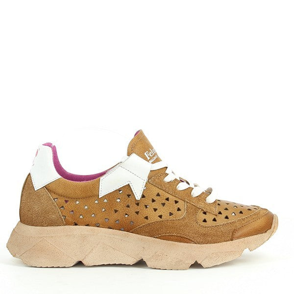 A clear view of the Felmini C257 Tan Sneakers showcasing its smooth leather upper in a warm brown shade. The sneakers feature minimalistic detailing with a rounded toe and a sleek, modern design.