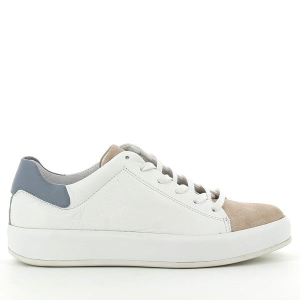 A full view of the Felmini C261 White Sneakers showcasing the sleek, smooth white leather upper. The sneakers feature subtle tan and light blue accents along the side, adding a stylish, contemporary touch.