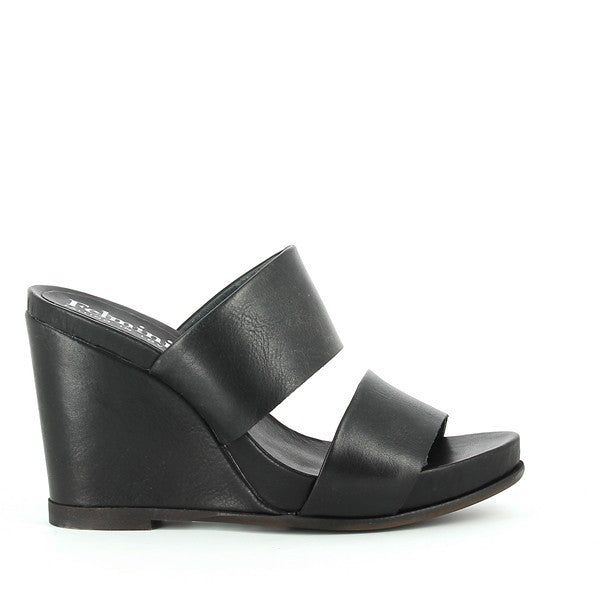 A sleek, side profile of the Felmini C273 Black Wedges, showcasing the premium leather upper, double strap design, and the rounded toe. The tall 10.5cm wedge heel adds a touch of elegance.