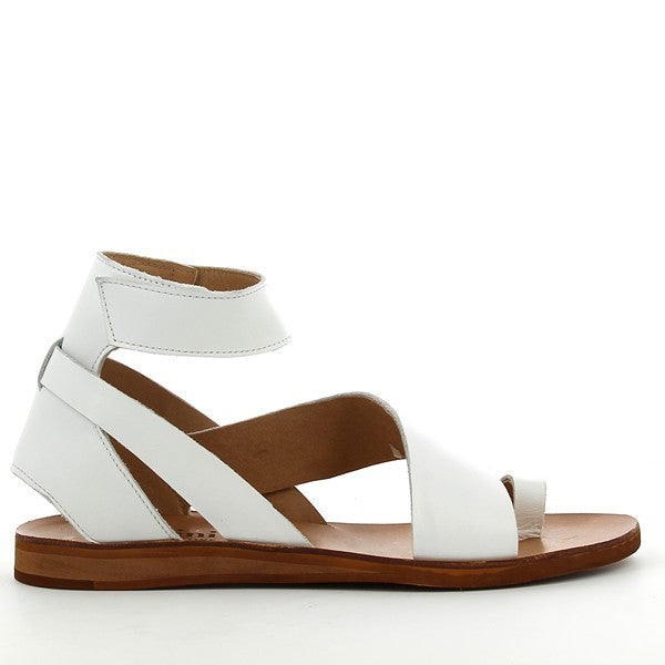 A clear view of the Felmini C287 White Slingback Sandals showcasing the sleek, minimalist design with a velcro ankle strap for an adjustable, secure fit. The round toe and smooth leather upper highlight the sandals' sophisticated and timeless look.