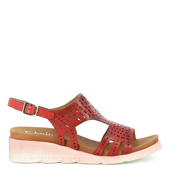 A clean view of the side of the Felmini C297 Red Slingback Sandals, showcasing the smooth leather upper and the subtle curve of the 5cm heel. The design offers a contemporary and elegant silhouette.