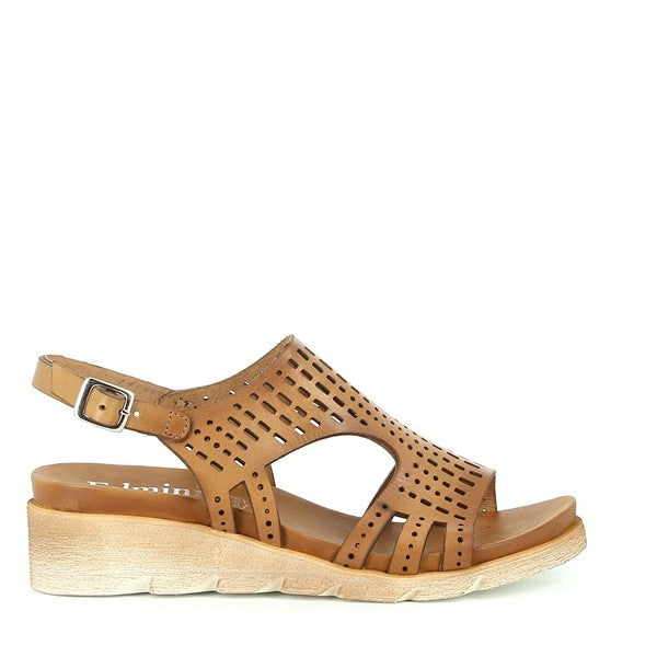 A sleek and elegant shot of the Felmini C297 Tan Slingback Sandals, showcasing the clean lines and luxurious leather upper. The adjustable buckle on the ankle strap adds a refined touch.