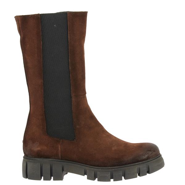 A sleek, side profile of the Felmini C805 Brown Boots showcasing the premium leather upper and the elegant, rounded toe shape. The mid-calf height adds a chic, versatile look, perfect for both casual and dressy outfits.