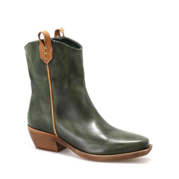 The sleek, army green leather shines with subtle tan detailing along the sides, highlighting the elegant pointed toe and rounded edges. The smooth curves of the boot create a modern silhouette.