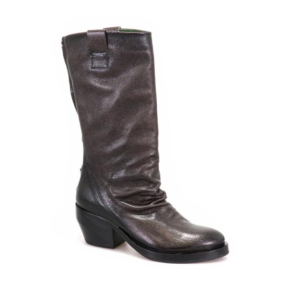 A full profile view of the Felmini D247 Marmo Grey Long Boots, showcasing the sleek and smooth leather upper, with the rounded toe and elegant silhouette. The soft grey color and subtle stitching details add to the overall sophisticated design.