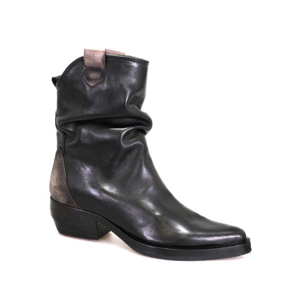 A close-up of the Felmini D265 Black Ankle Boots from the side, showcasing the sleek leather upper with its polished finish and cowboy-inspired stitching details.