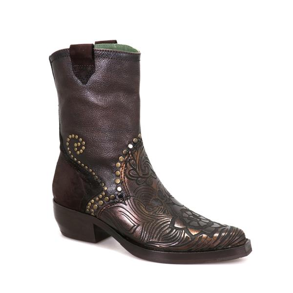 A full view of the Felmini D268 Dark Brown Ankle Boots, showcasing the smooth leather upper with subtle golden studs along the side. The round toe design and the distinct floral detailing highlight the unique cowboy style of these boots. The stitching is neat, emphasizing the high-quality craftsmanship.