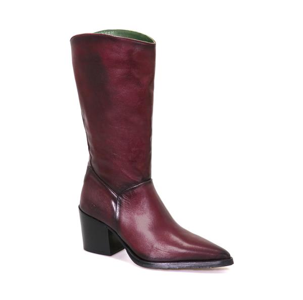 A close-up of the Felmini D278 Berry Red Boots showcasing the sleek leather construction, round toe shape, and rich berry red color, highlighting the craftsmanship and elegance.