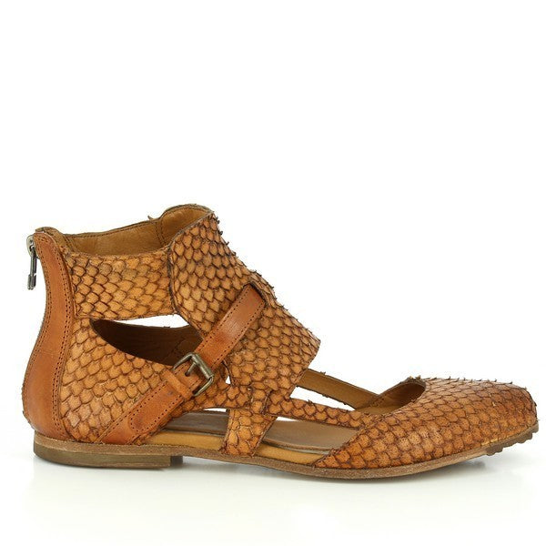 A close-up view of the Forte 8328 Tan Pump’s side, highlighting the elegant snake print texture, pointed toe design, and the decorative buckle detail near the top.