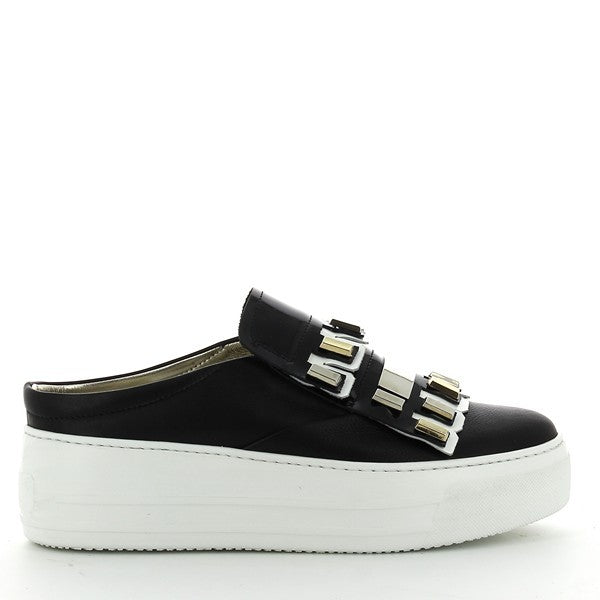 A clear view of the Forte OB1308 Black & White Slide, showcasing its sleek leather upper, rounded toe, and platform heel with decorative gold studs.