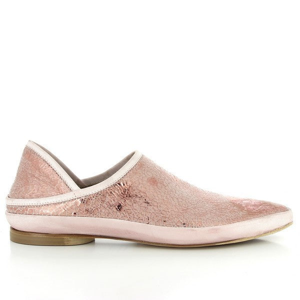 A clear side profile of the Forte S17-4060 Blush Pink Slip-On Shoes, showcasing the smooth leather upper and sleek, pointed toe design, highlighting the minimalist yet refined style.