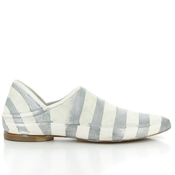 A clean, elegant profile of the Forte S17-4063 White & Silver Slip-On Shoes, showcasing the smooth leather upper, with distinct white and silver stripes running along the side.