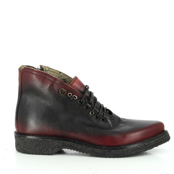 A sleek and elegant profile of the Forte W155282 Burgundy Lace-Up Boots, showcasing the rich burgundy leather upper and its clean, minimalist design. The round toe shape and smooth lines create a sophisticated look, ideal for both casual and more polished outfits.