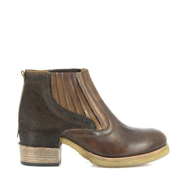 A full profile of the Forte W167120 Brown Ankle Boot, highlighting the sleek leather upper and the clean lines of the slip-on design. The round toe and subtle elastic side panels offer both style and comfort. The soft brown leather exudes a polished, classic look.