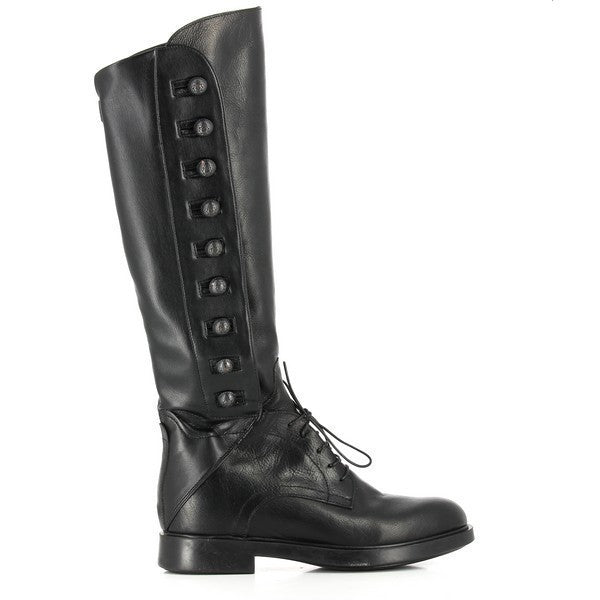 A sleek side profile of the boot, showcasing the smooth black leather upper, the intricate lace-up design reaching the ankle, and the decorative buttons running vertically along the side. The 3cm platform heel is subtly visible, adding to its elegant silhouette.