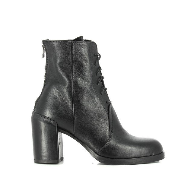 A sleek black ankle boot featuring a smooth leather upper, a rounded toe, and a striking 8cm heel, showcasing the clean and elegant silhouette.