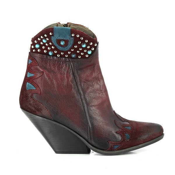 A clean profile of the Forte W175324 Burgundy Ankle Boots showcasing the sleek, cowboy-style silhouette with blue detailing and a smooth leather upper.