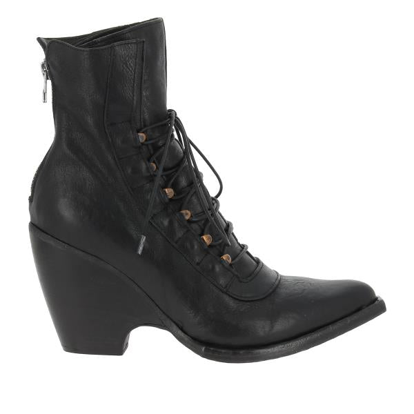 A sleek, black lace-up boot showcasing its smooth leather upper with a subtle shine, rounded toe, and the elegant 7.5 cm heel. The clean stitching highlights the fine craftsmanship, while the back zipper is visible for added functionality.
