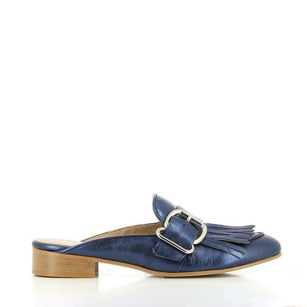 A clear view of the side profile of the Igualados 02440 Ocean Blue Slides, showcasing the loafer-inspired silhouette, decorative buckle, and fringe detail on the upper. The soft ocean blue leather gleams under the light.
