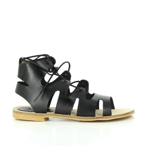 A clean profile of the Igualados 2205 Black Sandals, showcasing the classic lace-up design and smooth leather upper. The round toe and low heel provide a comfortable yet stylish silhouette.