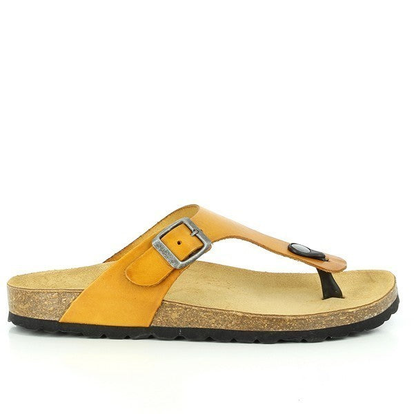 The image showcases Plakton's 101671 Mustard Thong Sandals, exuding effortless style and eco-conscious charm. Handcrafted in Spain, these sandals feature a classic thong design with an adjustable buckle for a custom fit. The cork sole molds to the feet, providing optimal support, while the anti-bacterial insole ensures freshness all day. Perfect for broad feet, these sandals offer comfort without compromising on style.