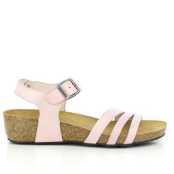 Showcase the elegant profile of Plakton's 241007 Pink Multi-Strap Wedges, highlighting the smooth leather straps and the sturdy 5.5cm cork wedge heel.