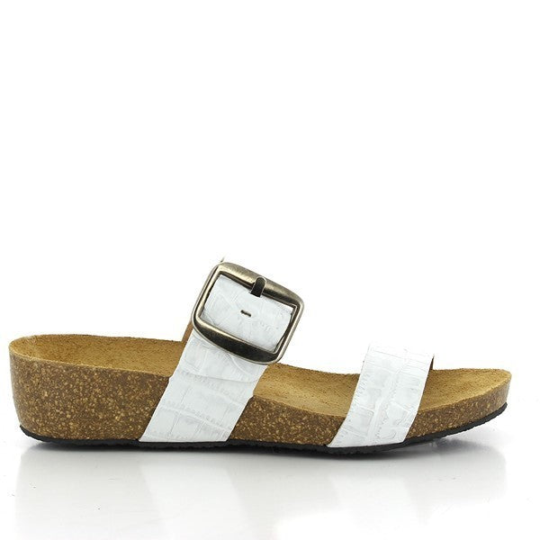 Showcase the sleek profile of Plakton's 243004 Grey Low Heel Wedges, highlighting the sophisticated grey leather upper and the adjustable golden buckle for a secure fit, ideal for versatile smart-casual styling.