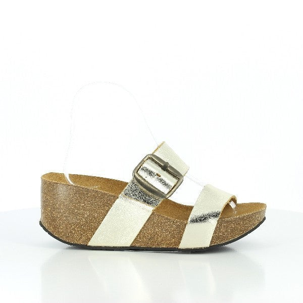 A close-up image showcasing the side profile of Plakton's 273004 Gold Wedges. The shimmering gold leather upper contrasts elegantly with the natural cork sole, highlighting the sandal's stylish design and craftsmanship. The adjustable buckle strap is visible, ensuring a personalized fit and comfort.