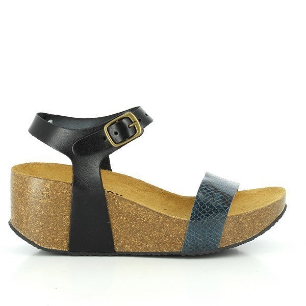 Capture the sleek profile of Plakton's 273023 Black Wedges, showcasing the premium leather upper and eco-friendly cork sole. Perfect for adding sophistication and comfort to your wardrobe.