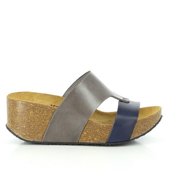 A side profile of Plakton's 275171 Silver & Blue Wedges, showcasing the sleek leather upper and adjustable strap with a silver buckle, ideal for a personalized fit.