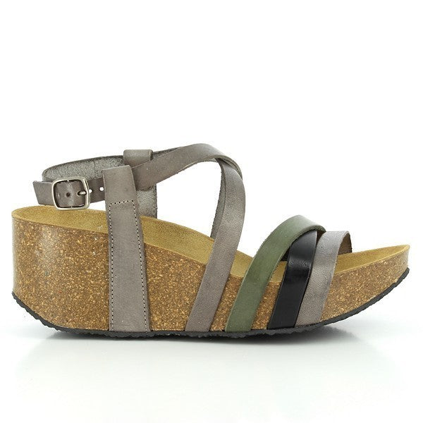 A side profile of Plakton's 275174 Multi-Strap Grey Wedges, showcasing the elegant multi-strap design and adjustable slingback with a stylish buckle.