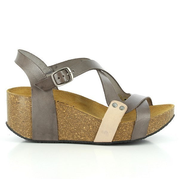 A detailed side view showcasing the elegant cross-strap design and premium leather upper in shades of grey and beige of Plakton's 275311 Grey & Beige Cross-Strap Slingback Wedges, highlighting their chic silhouette.